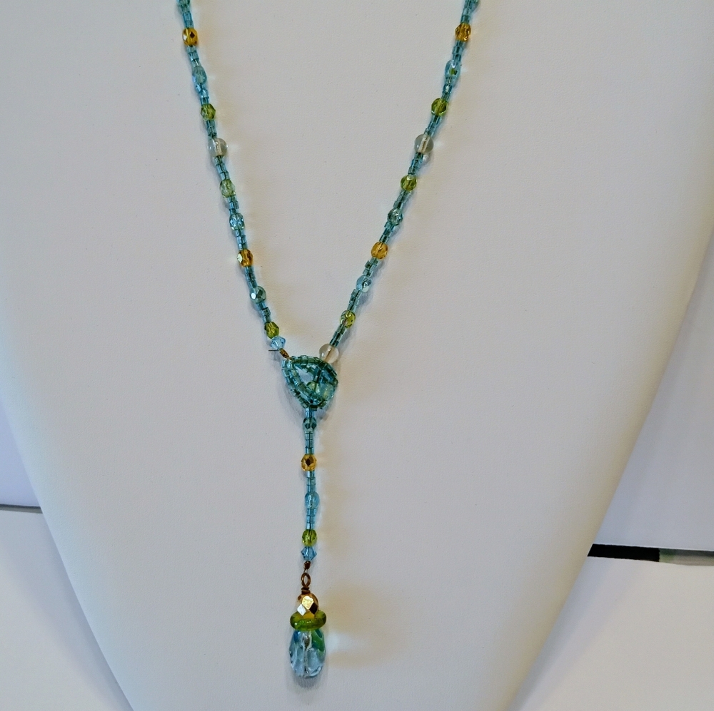 VTG Beautiful Adjustable 24" Lariat/Earrings Set Aqua Seed Beads w/Yellow Beads
